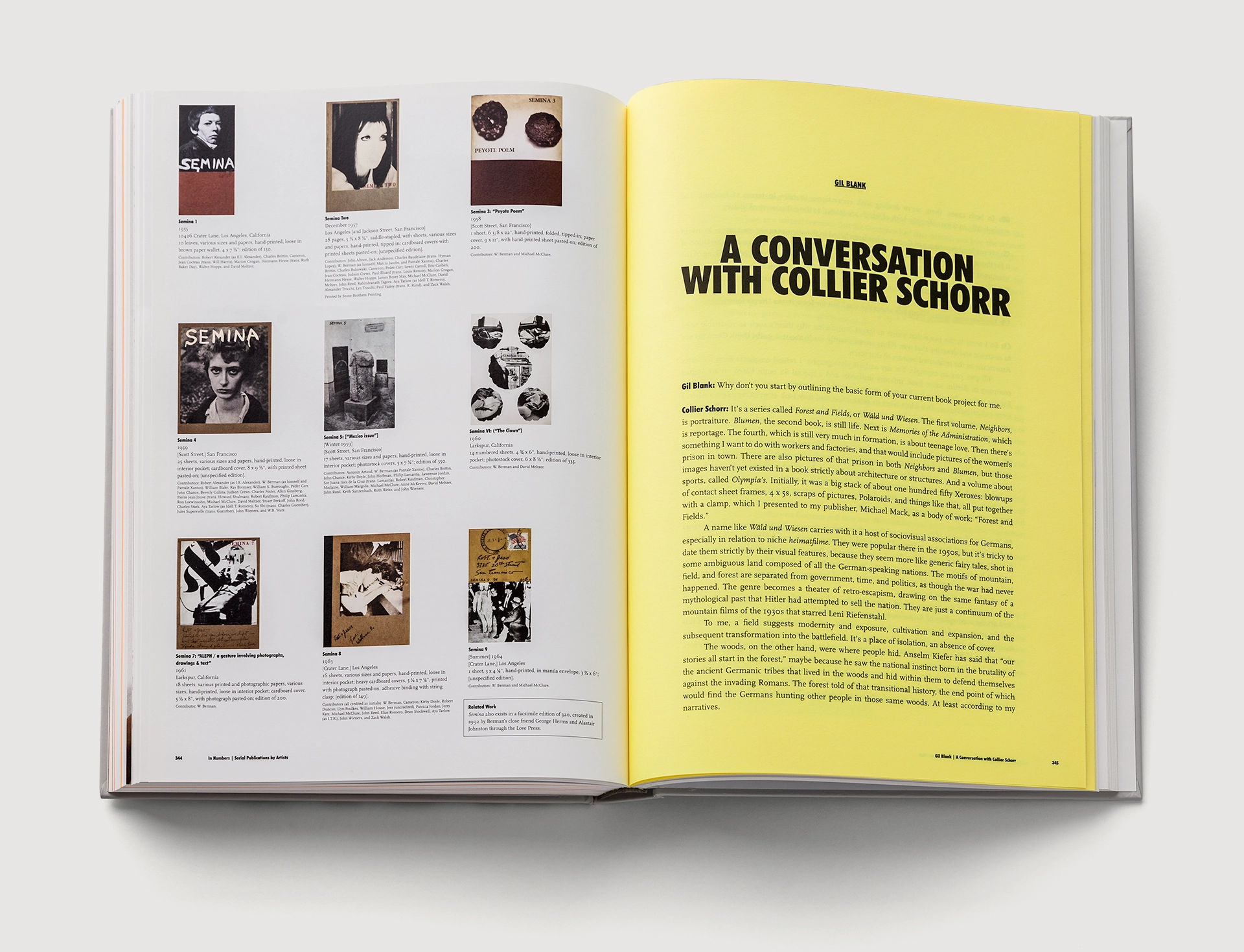 A double-page spread from the book "In Numbers", featuring an interview with Collier Schorr and Gil Blank